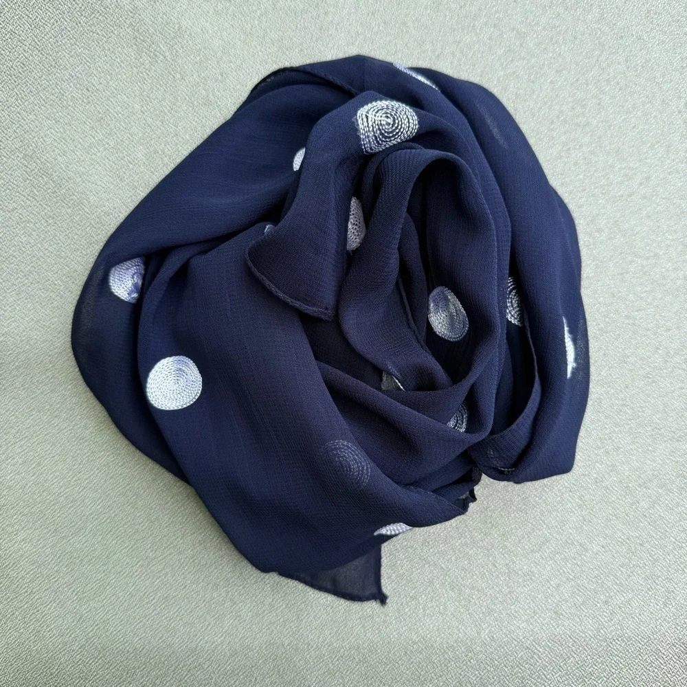 A. Brod Fashion Accessories Blue Navy White Dots Sheer Long Rayon Scarf 64 x 14